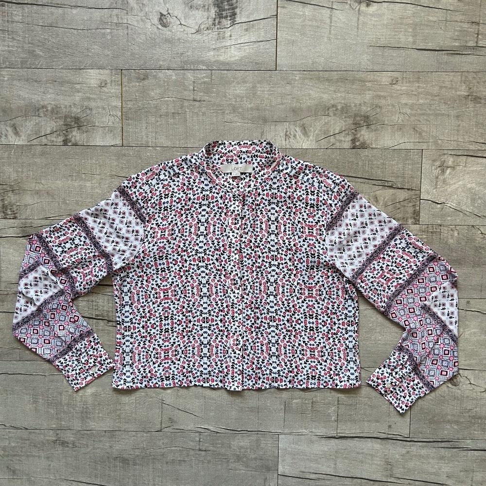 LOFT Cropped Cottagecore Boho Retro 70s Floral Contrast Print Blouse Upcycled M